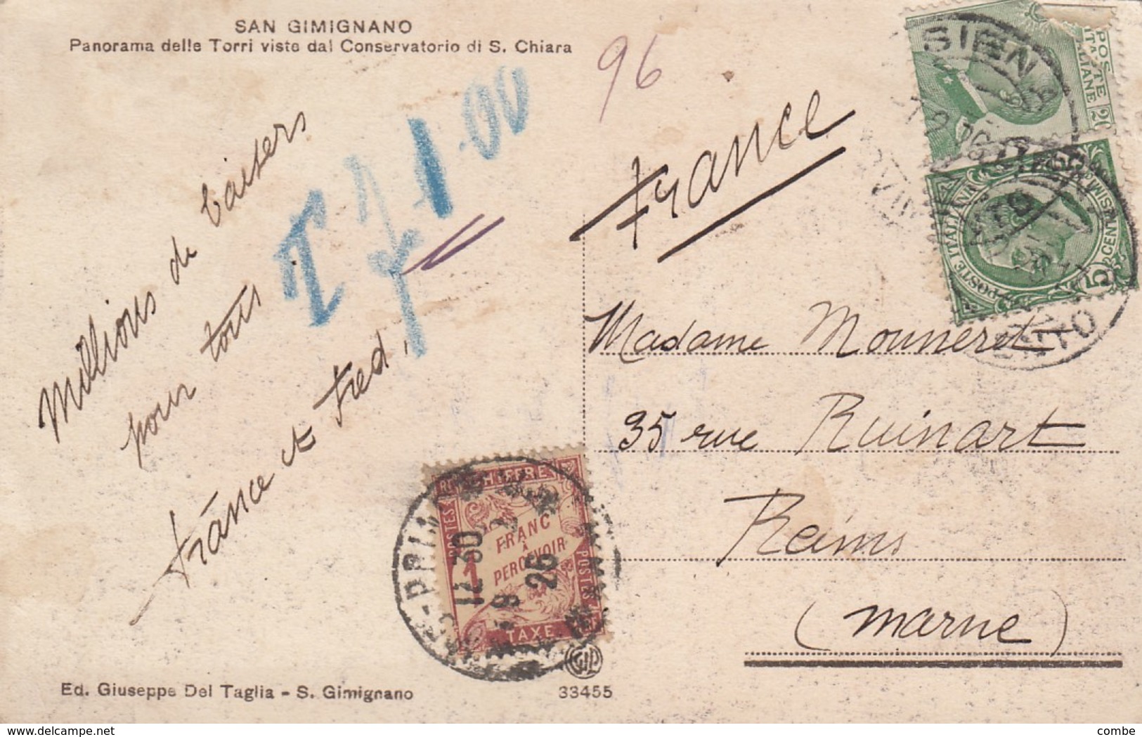 SUR CP. ITALIE SIENA POUR REIMS TAXE DUVAL 1Fr - 1859-1959 Storia Postale