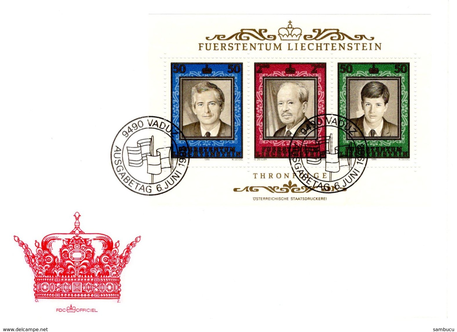 Thronfolge  6.6.1988 Serie 3 Werte Block FDC Ersttag First Day - FDC