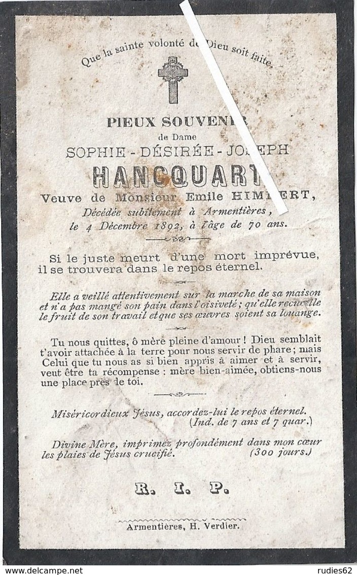 Image Mortuaire - Armentières - HANCQUART Sophie Désirée Jhe (épouse HIMBERT Emile Louis Juste) - Décès