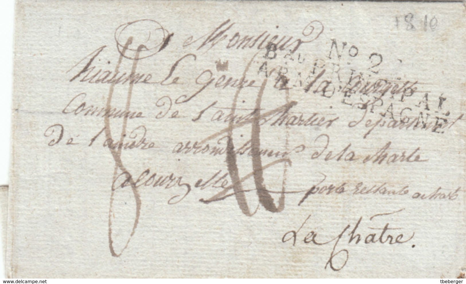 Spain France 1810 Entire Letter Napoleonic War "No. 2 Bau PRINCIPAL ARM. D'ESPAGNE" Talavera To La Chartre (q166) - Bolli Militari (ante 1900)