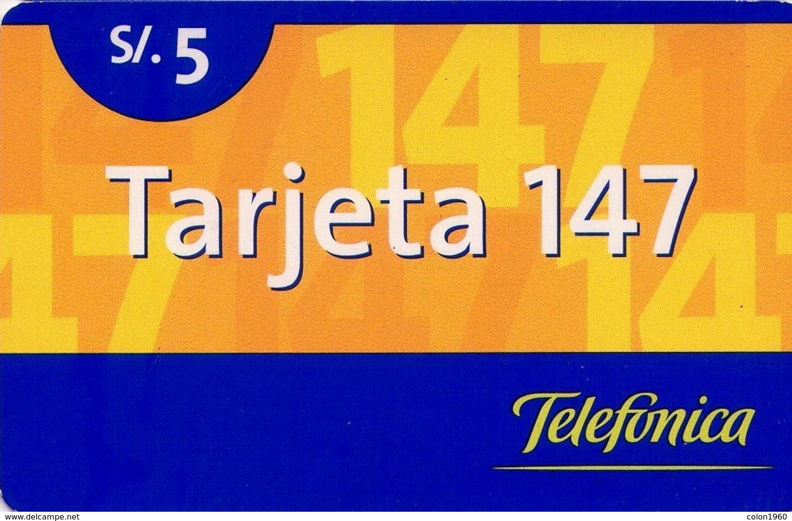 PERU. PE-TPP-147-0003. Tarjeta 147 Yellow. 5 S/. 03-2005. HECHO EN COLOMBIA. (002) - Pérou