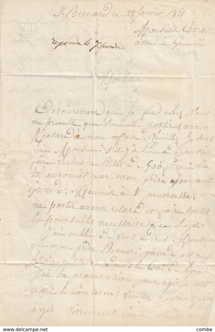 LETTRE.  22 1 52. ISERE. LE TOUVET. BOITE RURALE B = ST BERNARD. POUR GRENOBLE - 1849-1876: Période Classique