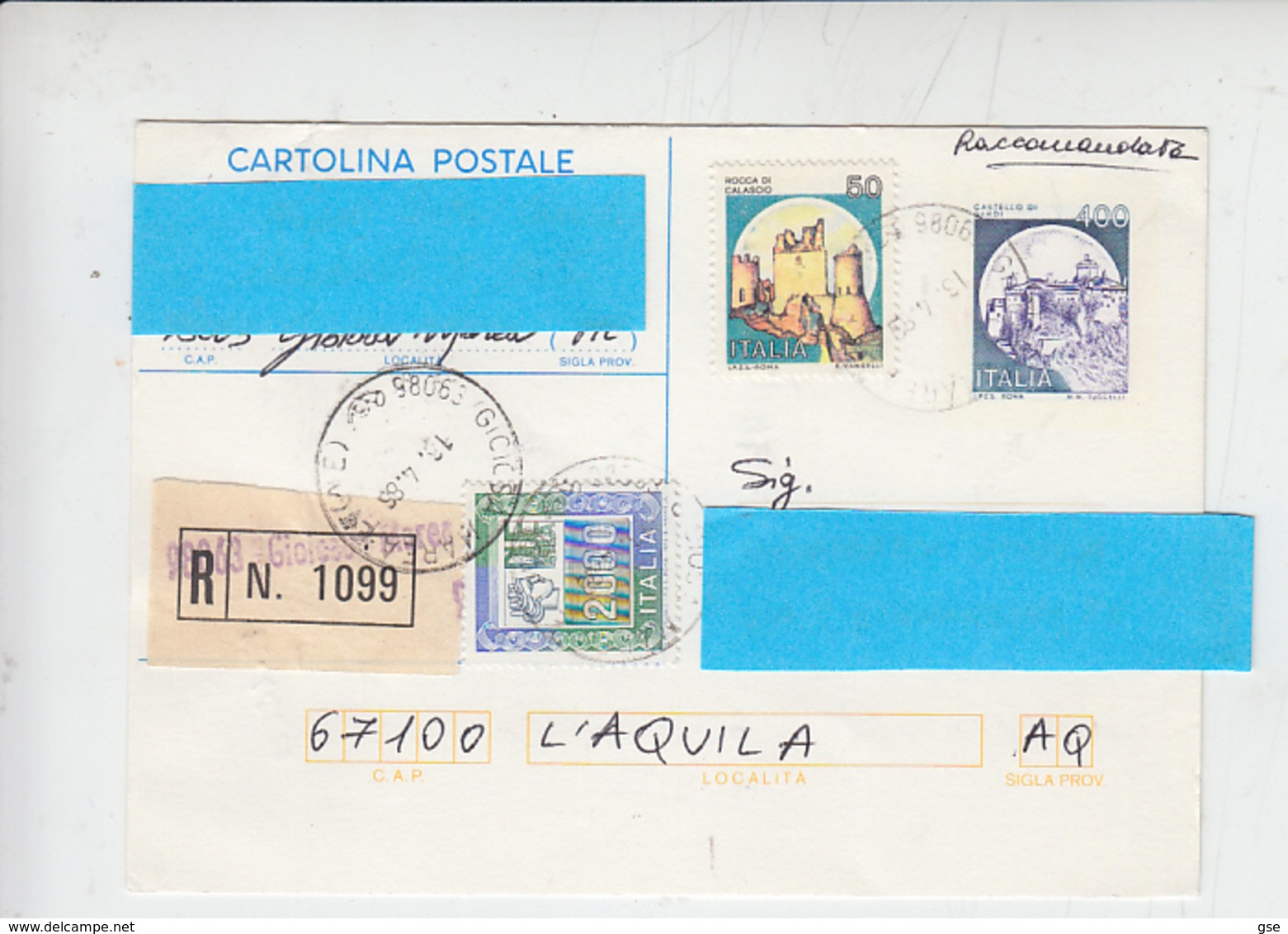 ITALIA  1985 - Intero Postale Raccomandato - Castelli - Entero Postal
