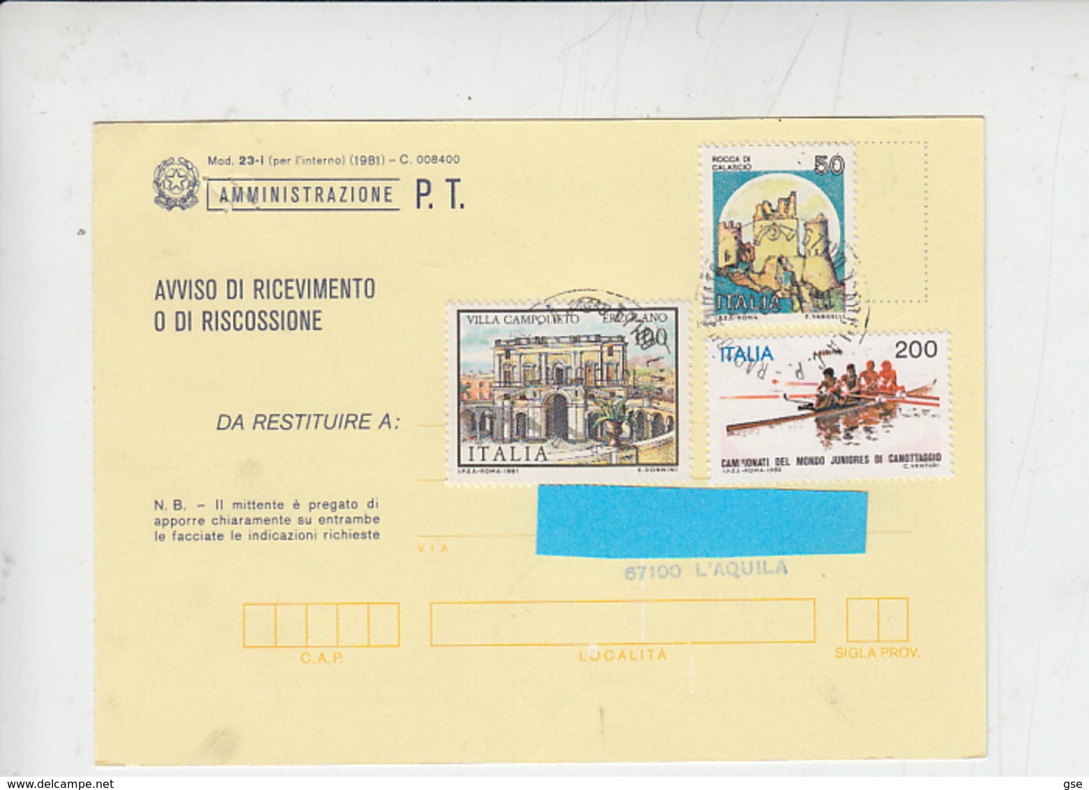 ITALIA  1983 - Ricevura Ritorno -  Sassone 1577-1606 -  Canottaggio - 1981-90: Storia Postale