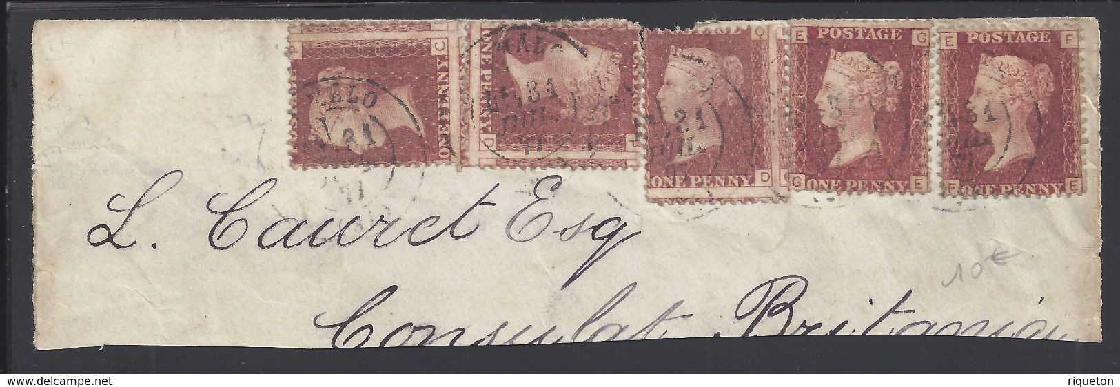 GRANDE-BRETAGNE -  Timbres Victoria N° 26 X 5 Sur Fragment D'enveloppe - Cachets De St Malo Du 31 Juillet 1877 - - Covers & Documents