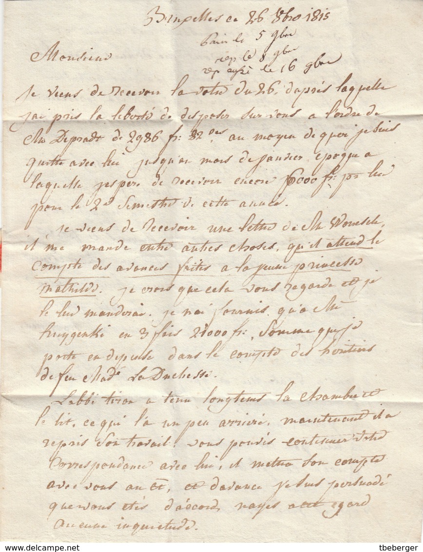 Belgium Belgique France 1815 (26.10.) Entire Letter BRUXELLES To Paris, Four Months After Waterloo, Interesting (q177) - 1815-1830 (Periodo Holandes)