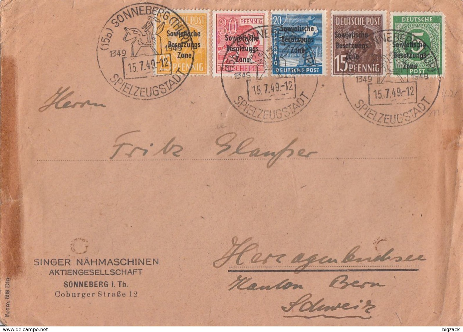 SBZ Brief Mif Minr.187,189,191,192,207 SST Sonneberg 15.7.49 Gel. In Schweiz - Sonstige & Ohne Zuordnung