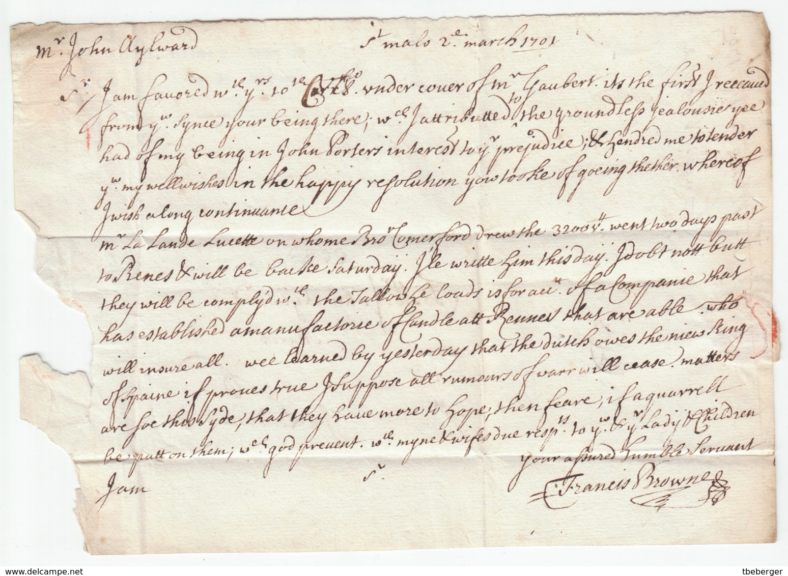 France Great Britain 1701 Entire Letter ST. MALO To London With Bishop Mark (q186) - ...-1840 Préphilatélie