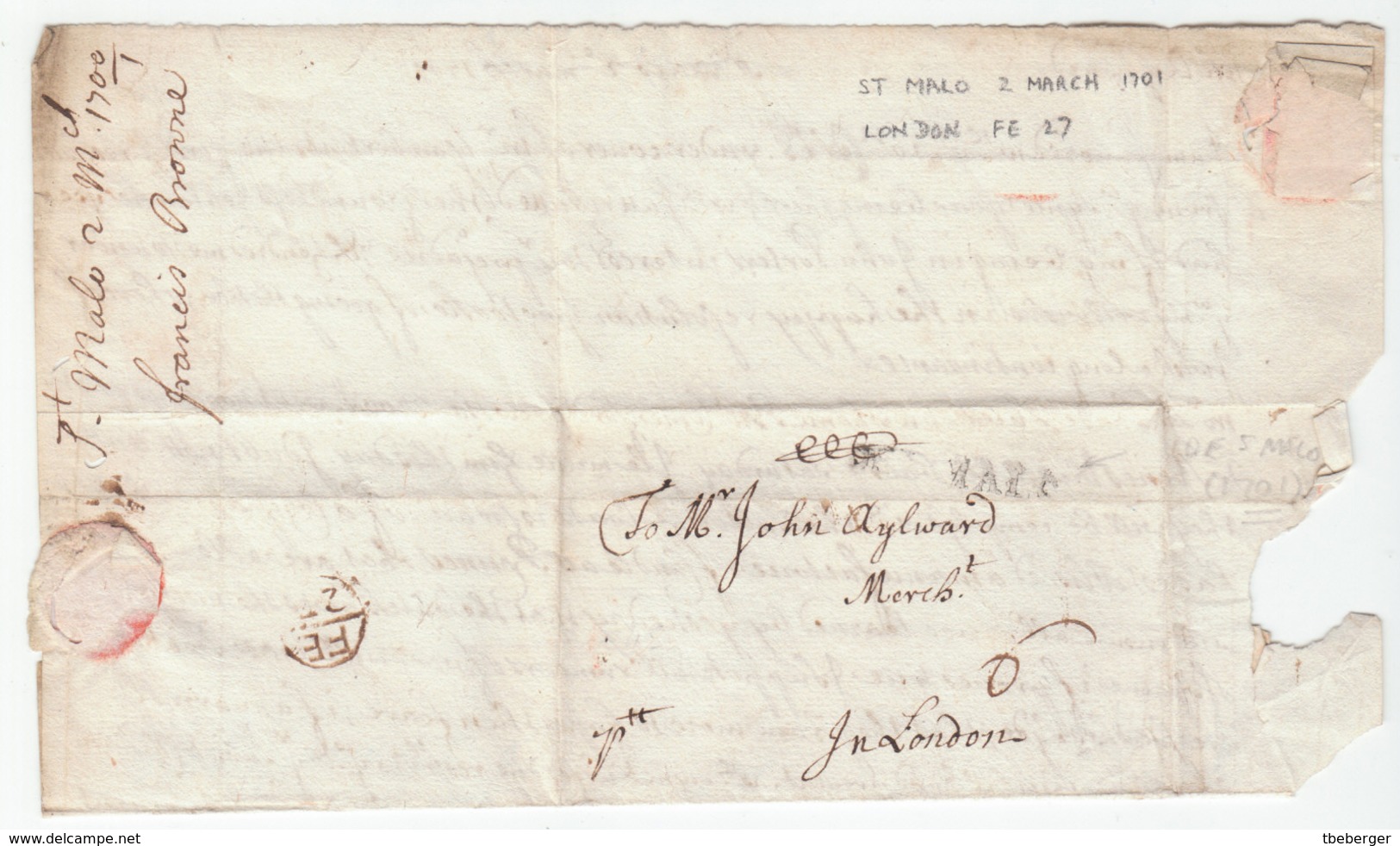 France Great Britain 1701 Entire Letter ST. MALO To London With Bishop Mark (q186) - ...-1840 Préphilatélie