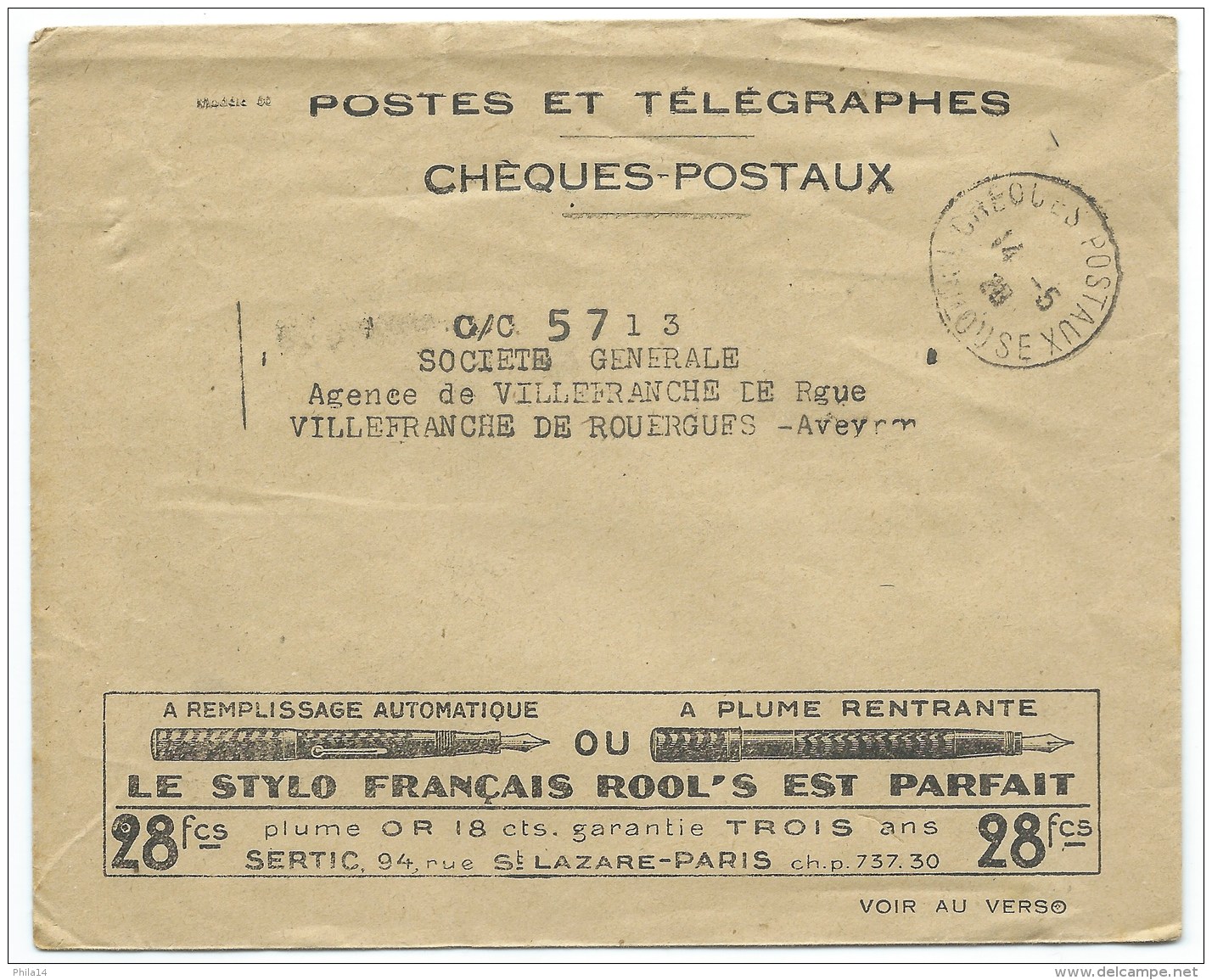 ENVELOPPE PTT CHEQUES POSTAUX TOULOUSE / 1928 / PUB STYLO FRANCAIS ROOL'S /  MACHINE A ECRIRE TORPEDO - 1921-1960: Moderne