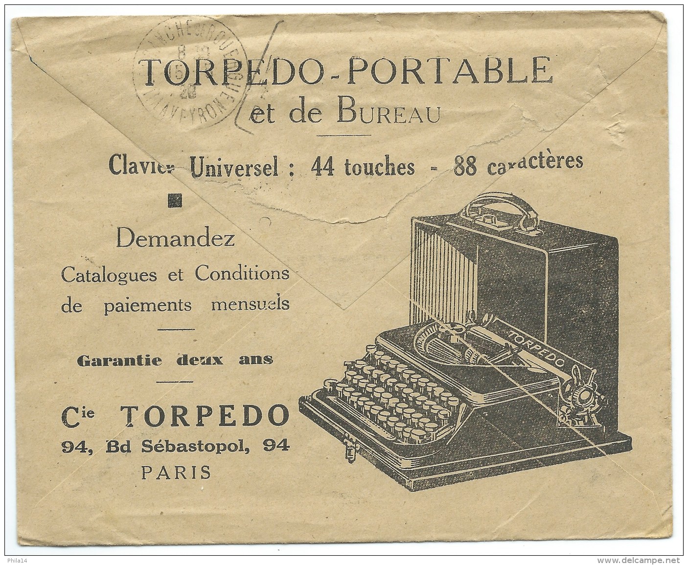 ENVELOPPE PTT CHEQUES POSTAUX TOULOUSE / 1928 / PUB STYLO FRANCAIS ROOL'S /  MACHINE A ECRIRE TORPEDO - 1921-1960: Moderne