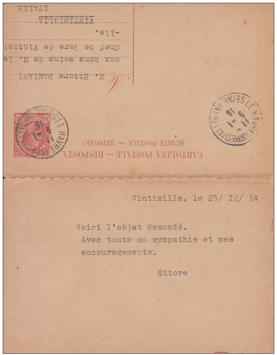 Entier Carte-lettre Réponse Italienne Adressée à Sainte-Adresse. - Autres & Non Classés