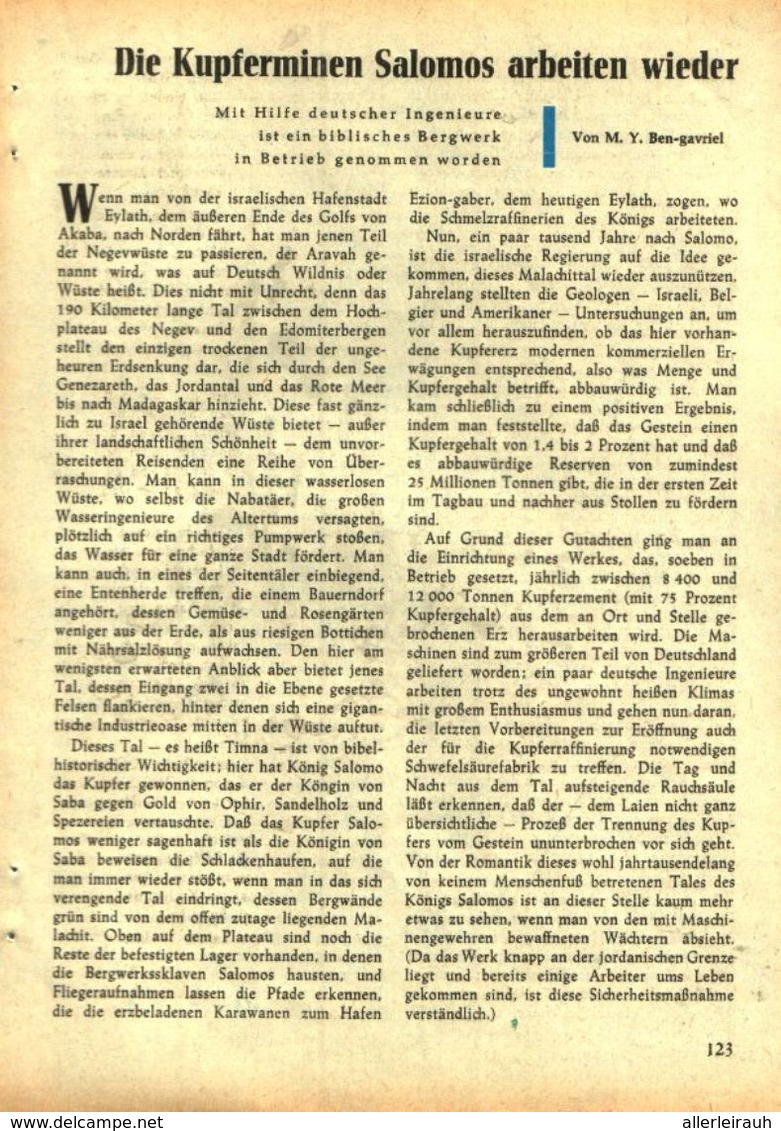 Die Kupferminen Salomos Arbeiten Wieder /Artikel, Entnommen Aus Kalender /1959 - Bücherpakete