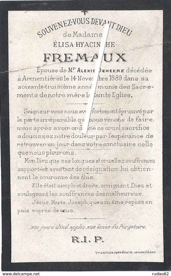 Image Mortuaire - Armentières - FREMAUX Elisa Hyacinthe (épouse DEHEERE Alexis) - Obituary Notices