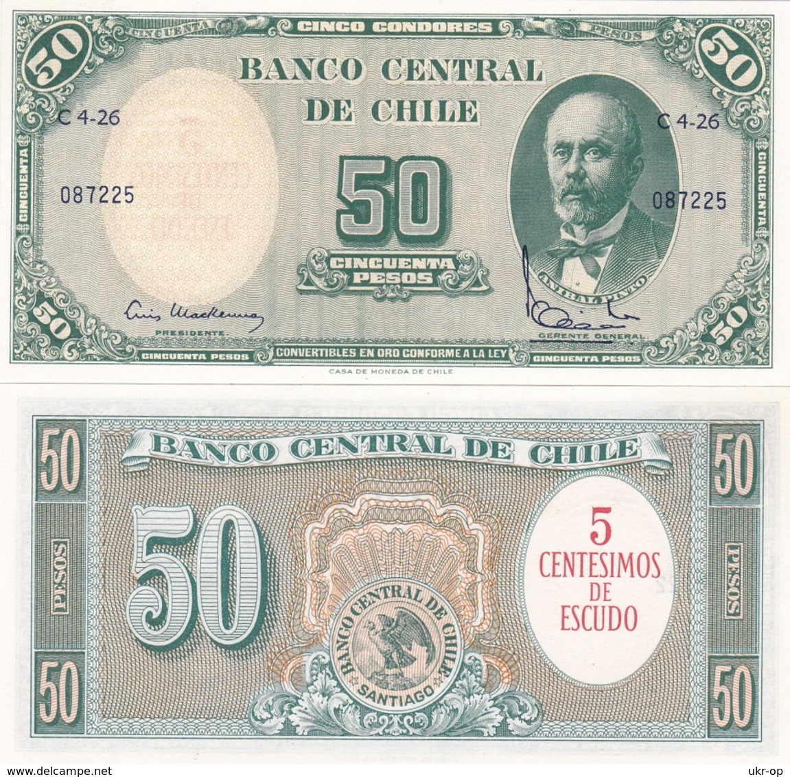 Chile - 5 Centimos De Escudo On 50 Pesos 1960 - 1961 UNC Pick 126b Ukr-OP - Chili