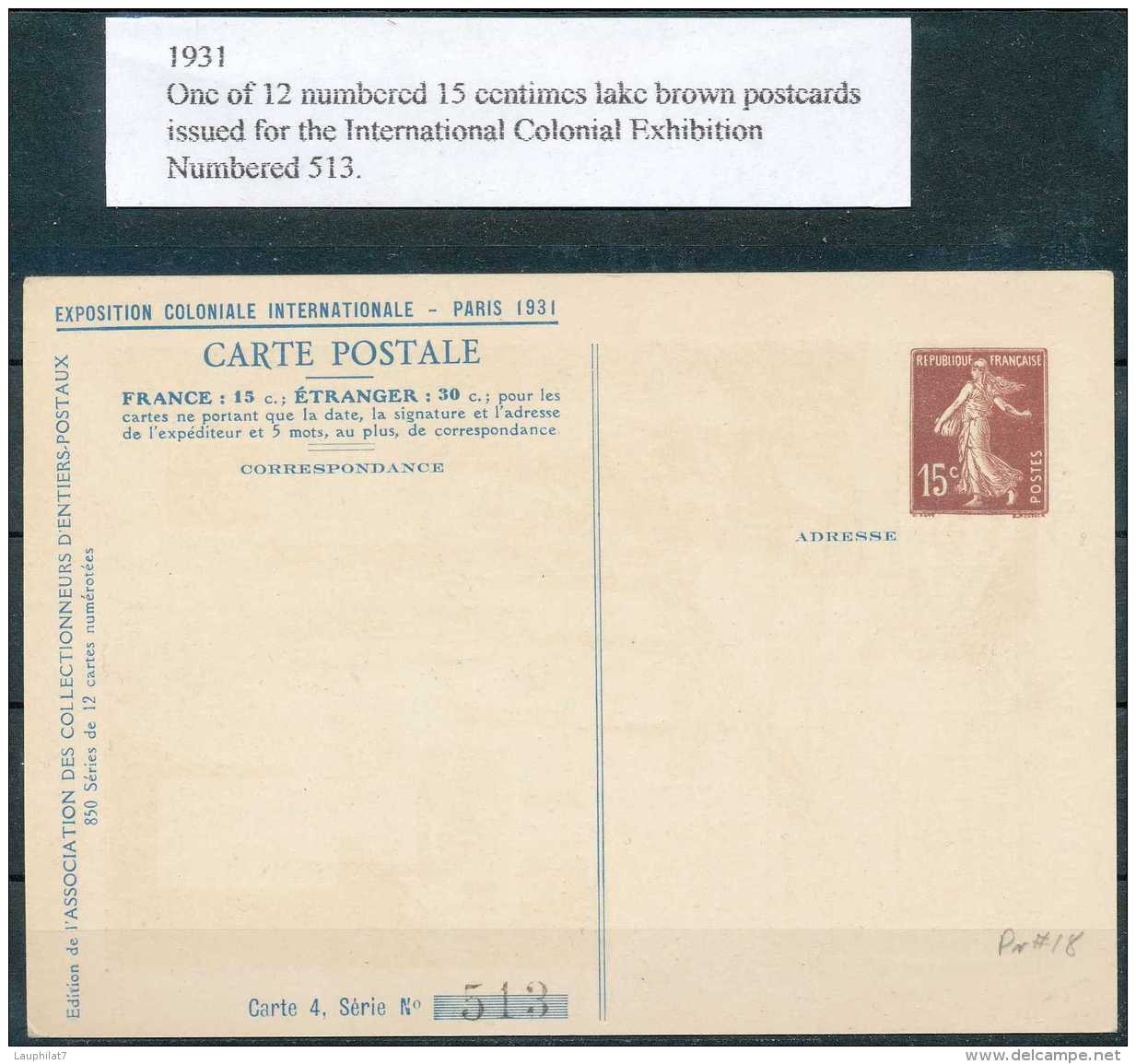 [74842] O/Used-Carte Postale Neuve De L'exposition Coloniale Internationale De Paris - 1931, AOF, 15c Semeuse, Peu Coura - Cartes Postales Types Et TSC (avant 1995)