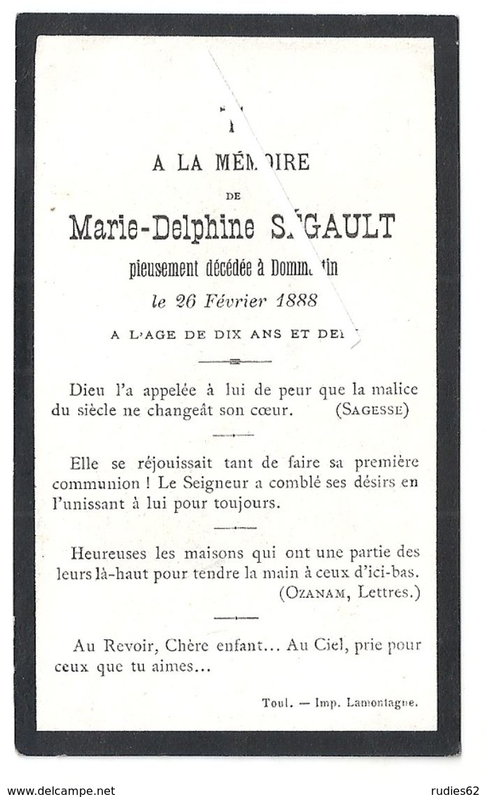 Image Mortuaire - Dommartin Les Toul (Meurthe Et Moselle) - SEGAULT Marie Delphine (1877-1888) - Décès