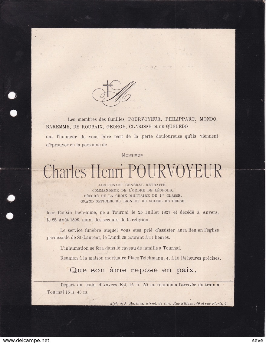 TOURNAI ANVERS Charles-Henri POURVOYEUR Lieutenant Général Retraité 1827-1898 PHILIPPART MONDO De QUEBEDO - Décès