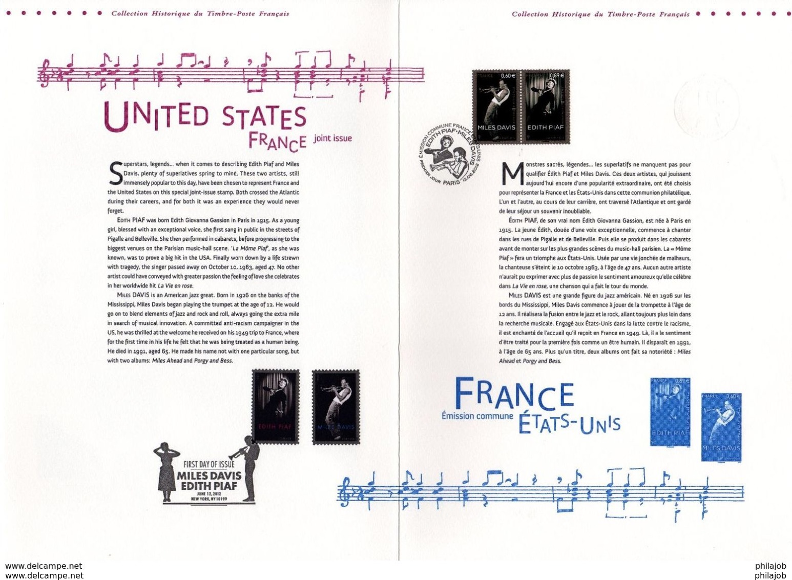 " FRANCE / USA : PIAF DAVIS " Sur Document Officiel 1er Jour 4 Pages De 2012 N° YT 4670 71 + TIMB.USA DPO - Emissions Communes