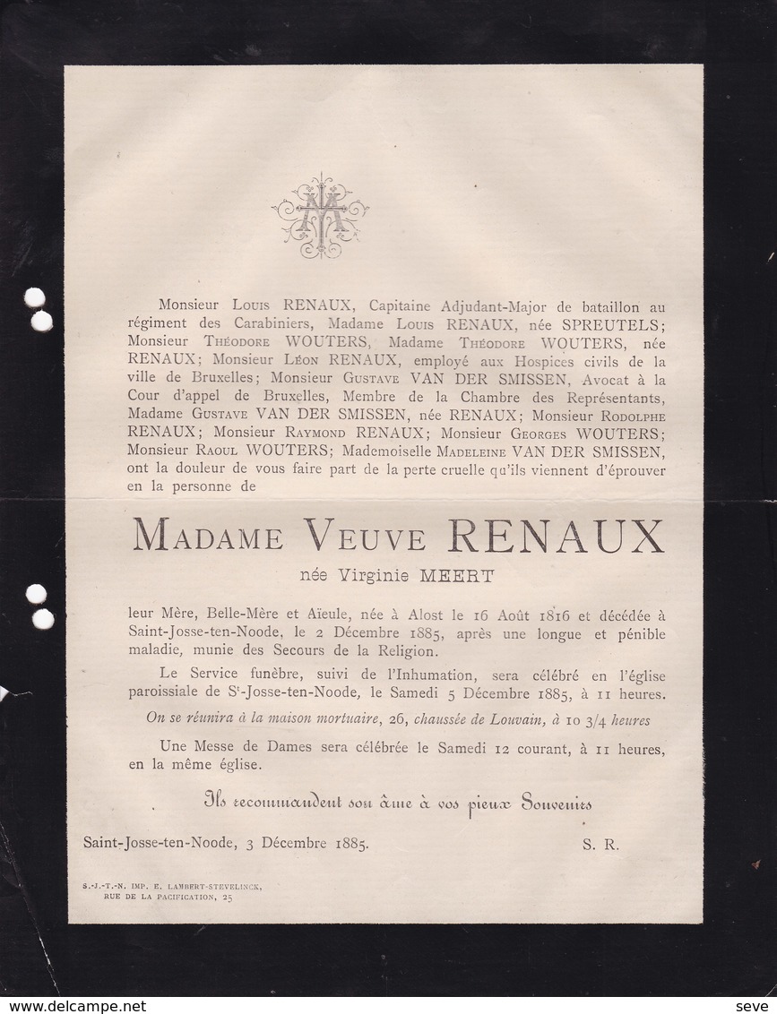 ALOST AALST SAINT-JOSSE Virginie MEERT Veuve RENAUX 1816-1885 Familles SPREUTELS VAN DER SMISSEN WOUTERS - Décès