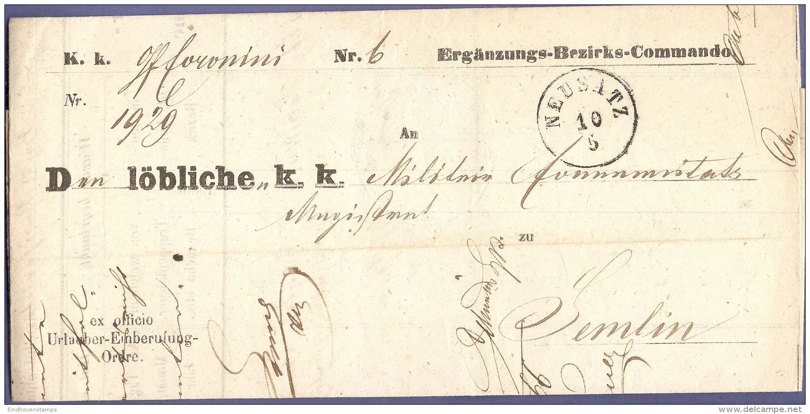 Serbia Voivodina Postmark  Novi Sad 1866, Ex Offo  Austria Serbia Military Border Semlin, Leave Notice By Commander - Briefe U. Dokumente