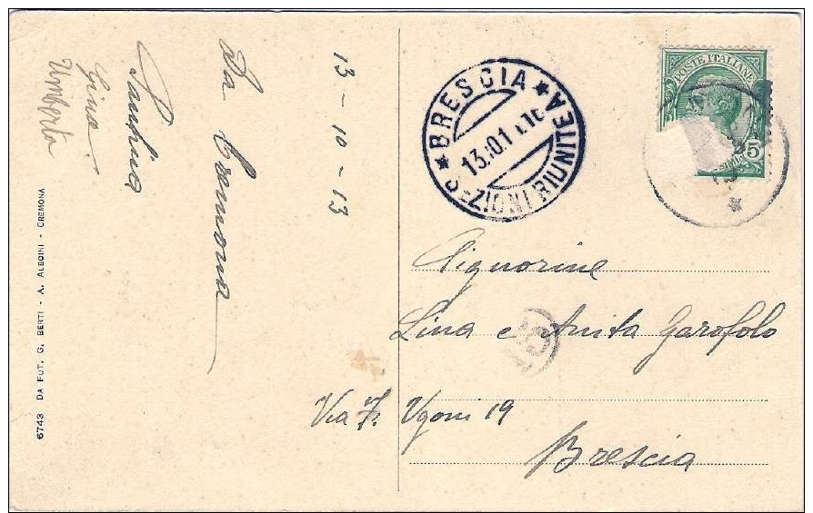 1913-cartolina "Cremona Porta Antica Casa S.Seconda"viaggiata - Cremona