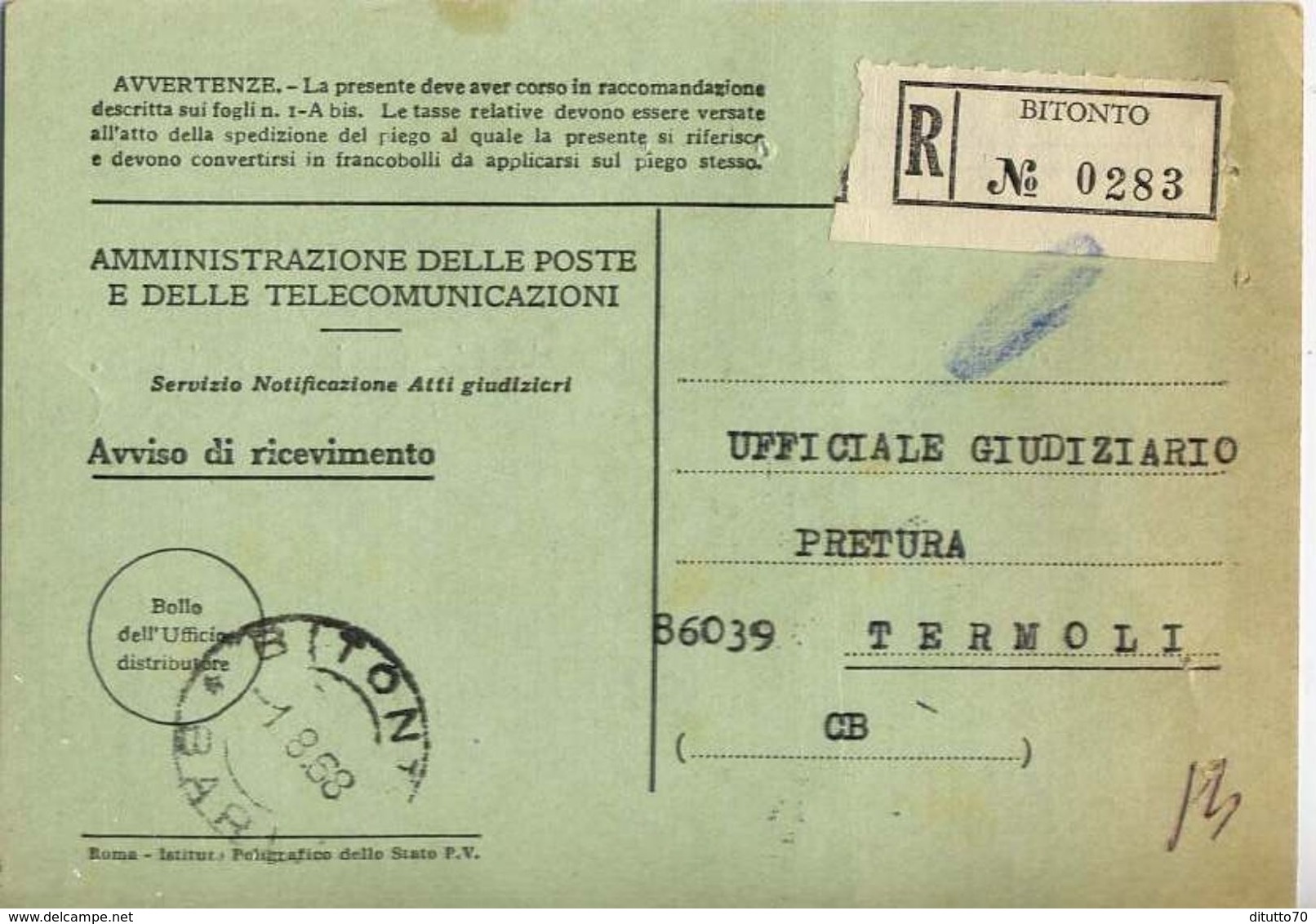 1968 - Amministrazione Della Poste E Delle Telecomunicazioni - Avviso Di Ricevimento Raccomandata - Bitonto - Bari - 1981-90: Storia Postale