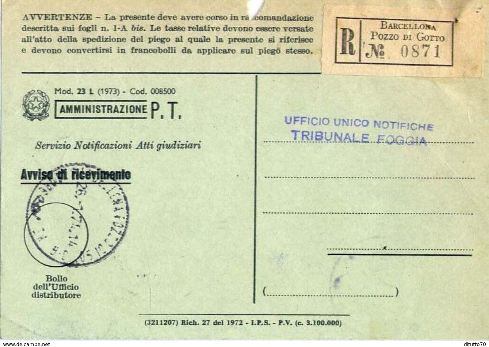 1971 - Amministrazione Della Poste E Delle Telecomunicazioni - Avviso Di Ricevimento Raccomandata - Barcellona - Pozzo D - 1981-90: Storia Postale