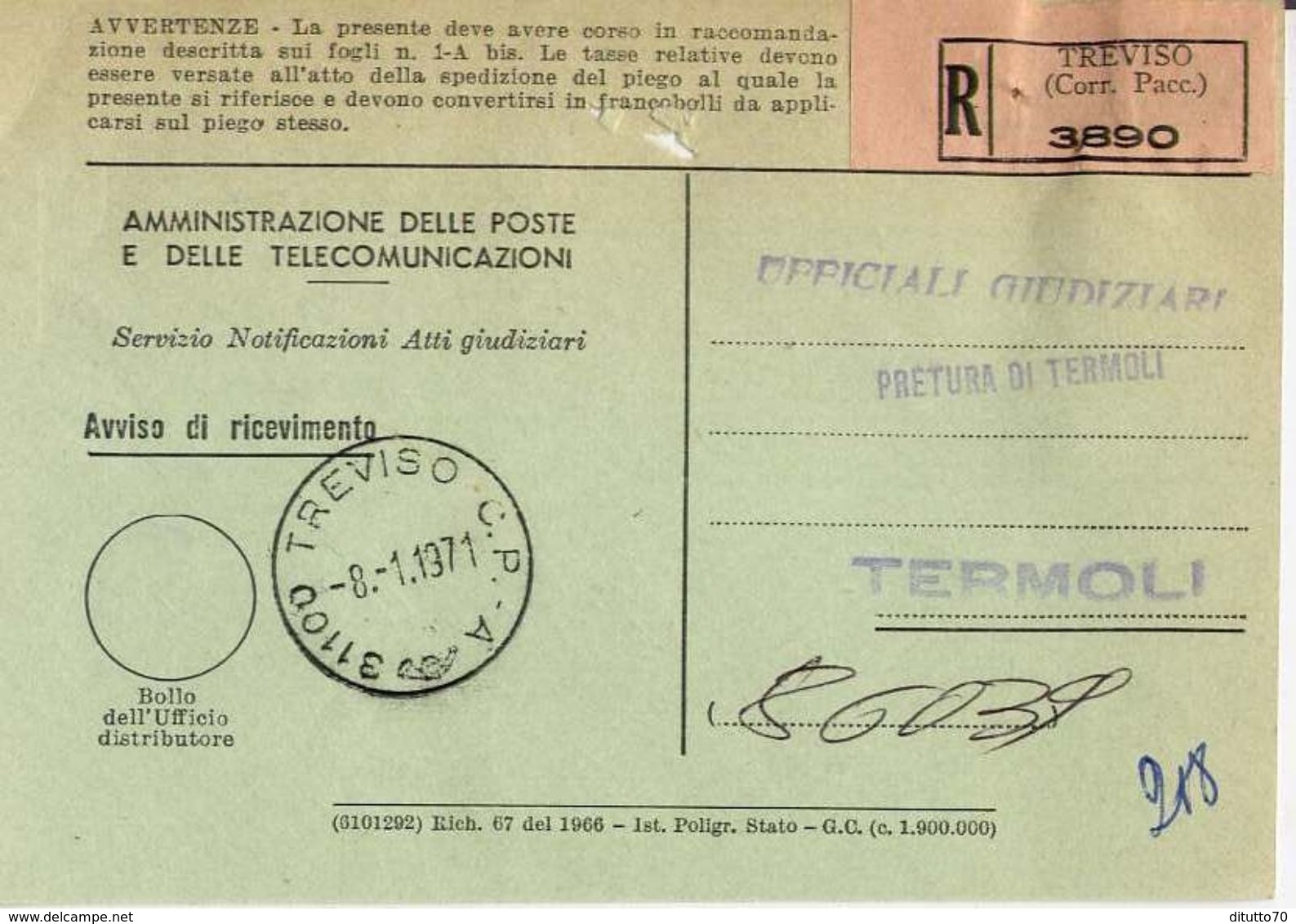 1971 - Amministrazione Della Poste E Delle Telecomunicazioni - Avviso Di Ricevimento Raccomandata - Treviso - 1981-90: Storia Postale