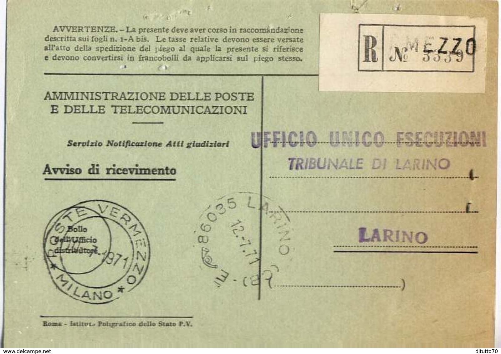 1971 - Amministrazione Della Poste E Delle Telecomunicazioni - Avviso Di Ricevimento Raccomandata 3339 - Vermezzo - Mila - 1981-90: Marcophilia