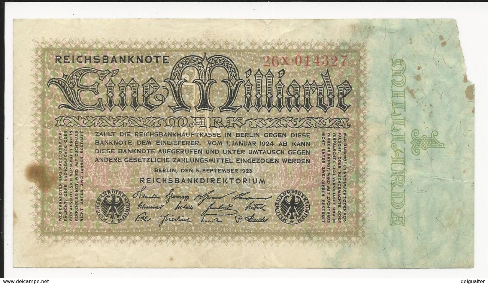 Germany 1 Milliarde Mark 1923 Miss Paper Right - 1 Milliarde Mark