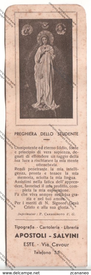 ANTICA SANTINO SEGNALIBRO CALENDARIO DELLA TIPOGRAFIA APOSTOLI-SALVINI ESTE PADOVA PREGHIERA STUDENTE 1941/2 - - Santini