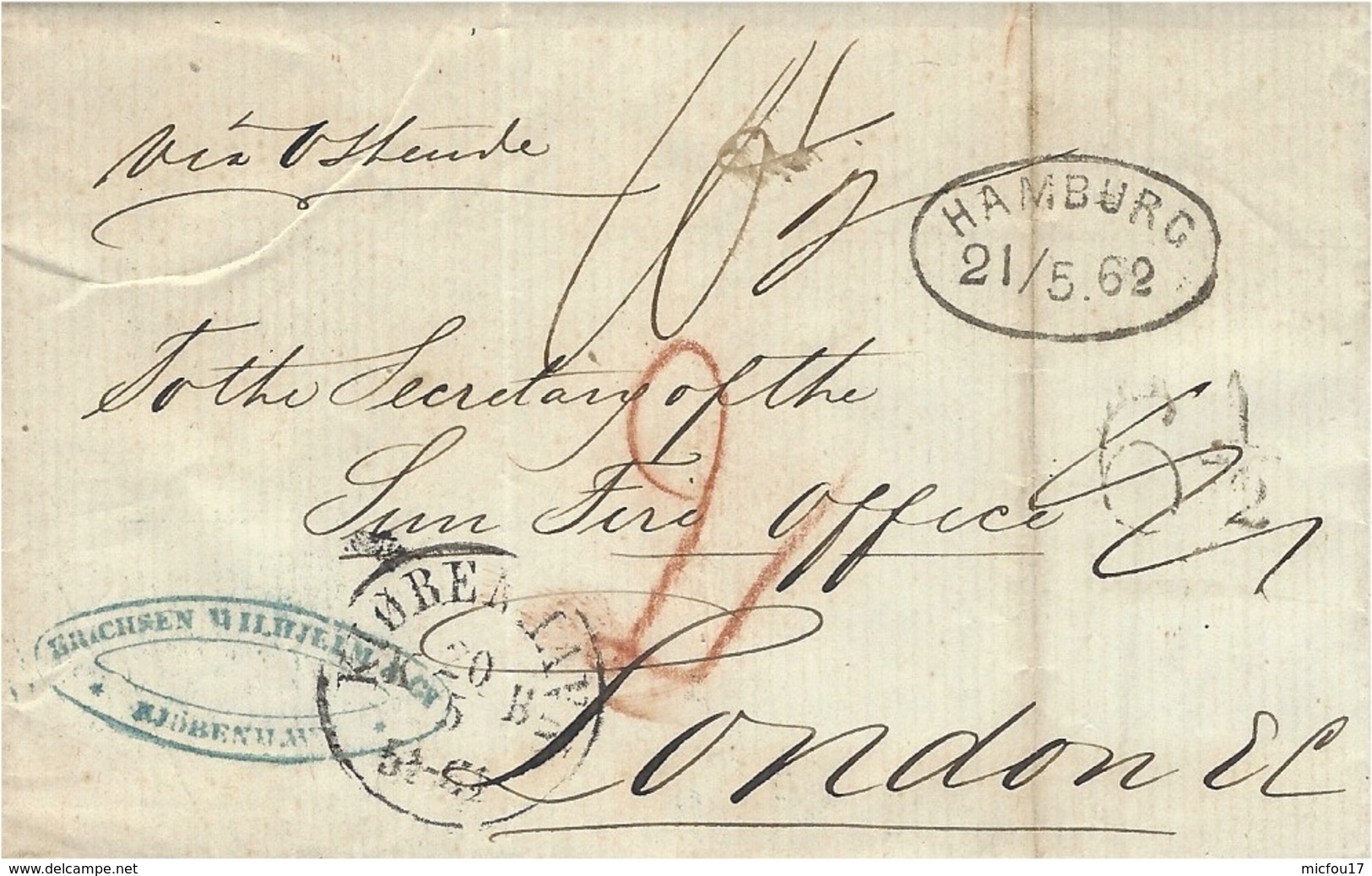 1862- Letter From Copenhagen To London  " Via Ostende "   Several Rating - Lettres & Documents