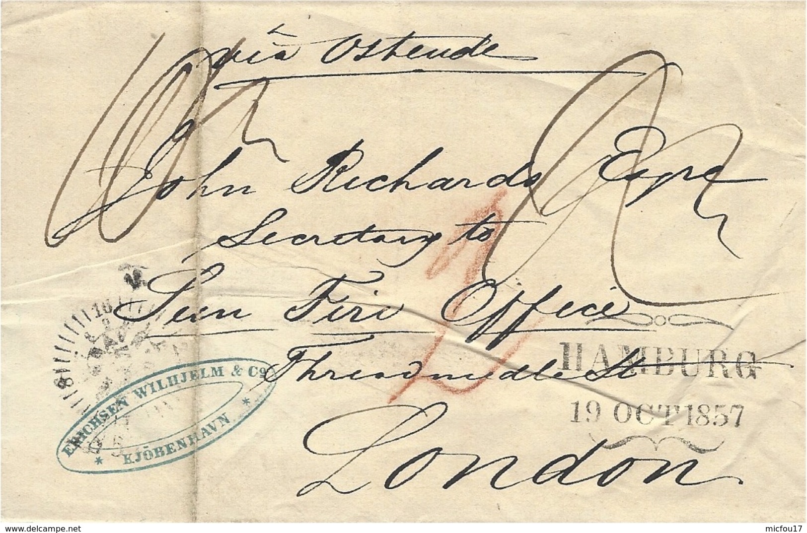 1857- Letter From Copenhagen To London  " Via Ostende "   Several Rating - Briefe U. Dokumente