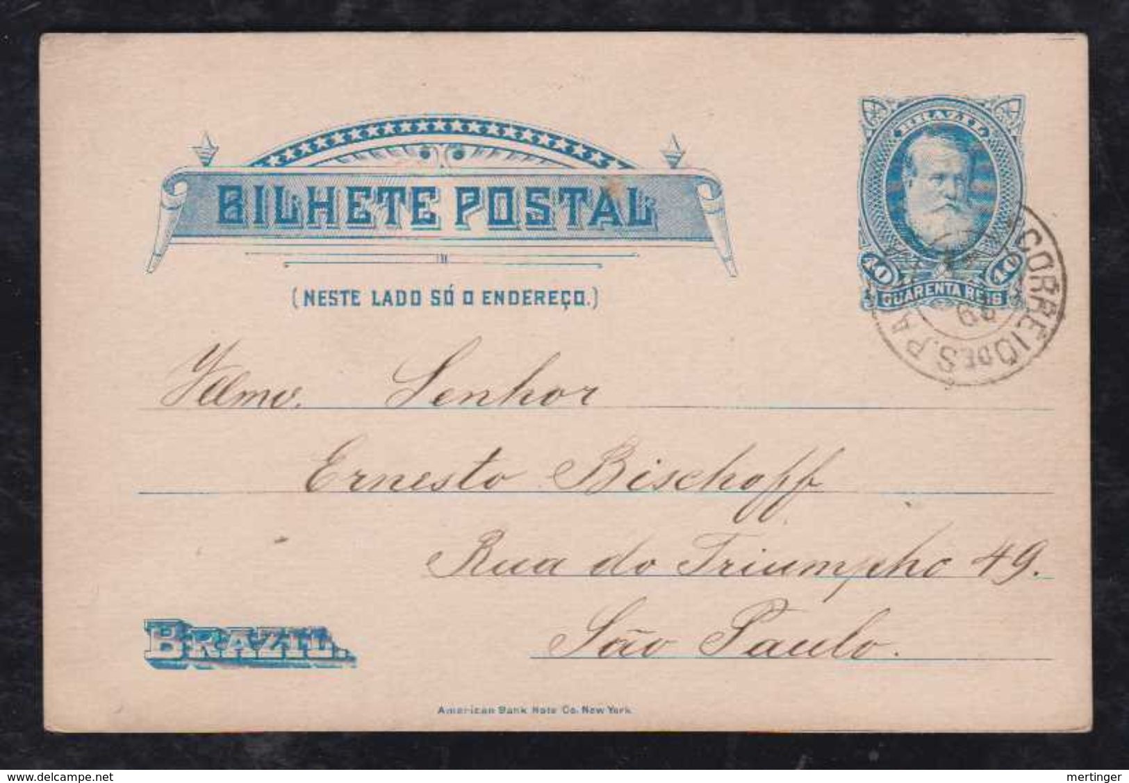 Brazil Brasil 1894 BP 15 40R Dom Pedro Stationery Card Local Use SAO PAULO - Entiers Postaux