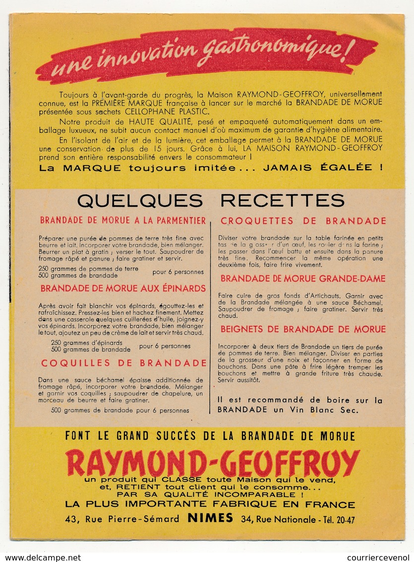 FRANCE - Protège-Cahier "Brandade De Morue Raymond Geoffroy - NIMES" - SUP - G