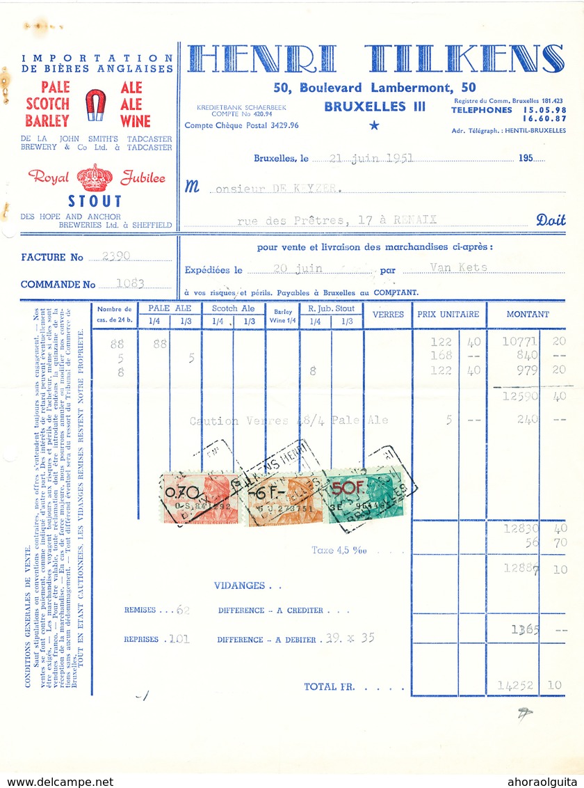 BRASSERIE -  Facture 1951 + Note D'Envoi Distributeur Tilkens Vers Brasserie De Keyzer à RENAIX   --  26/347 - Lebensmittel