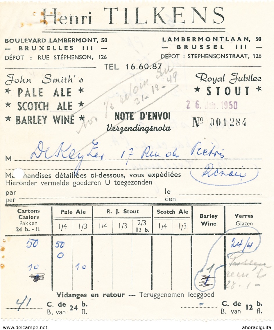 BRASSERIE -  Facture 1951 + Note D'Envoi Distributeur Tilkens Vers Brasserie De Keyzer à RENAIX   --  26/347 - Lebensmittel