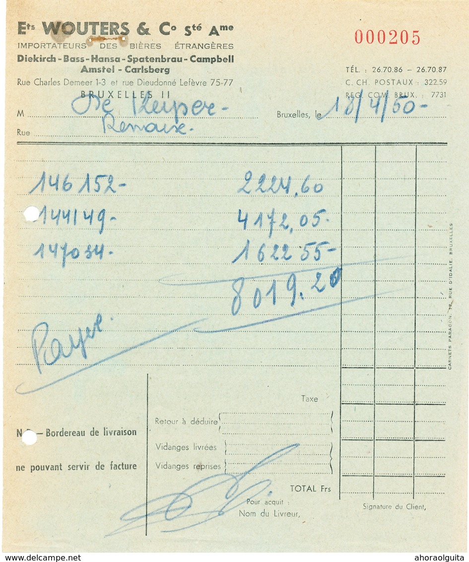 BRASSERIE -  Facture 1950 + 3 Documents Distributeur Wouters BXL Vers Brasserie De Keyzer à RENAIX   --  26/348 - Alimentaire