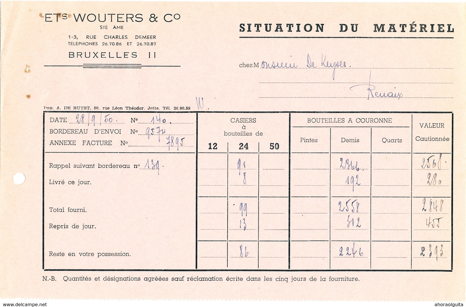 BRASSERIE -  Facture 1950 + 3 Documents Distributeur Wouters BXL Vers Brasserie De Keyzer à RENAIX   --  26/348 - Alimentaire