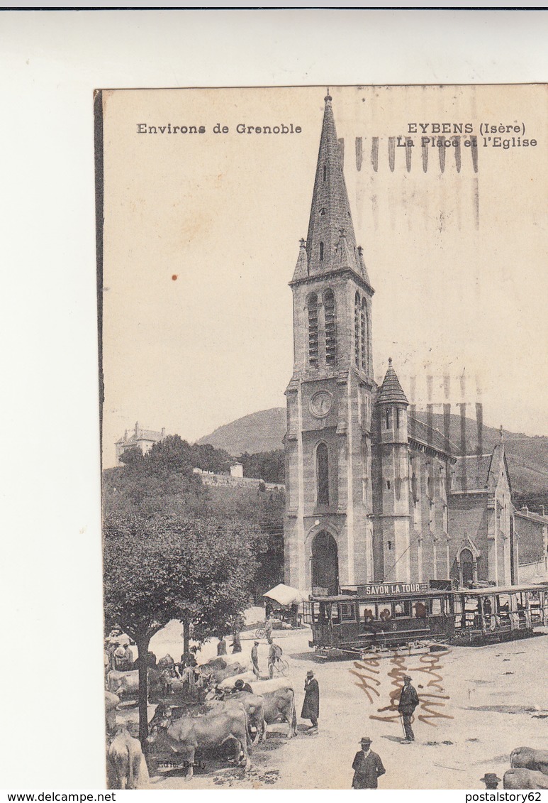 Grenoble To Rovigo, Su Post Card La Place E L'Eglise 1921 - Storia Postale