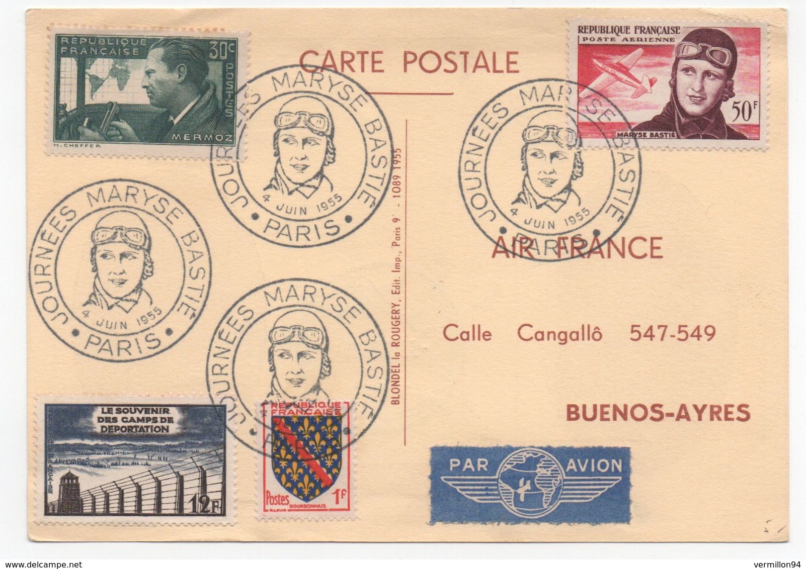 Carte Maryse BASTIE (Timbre Mermoz) 1955 - 1927-1959 Lettres & Documents