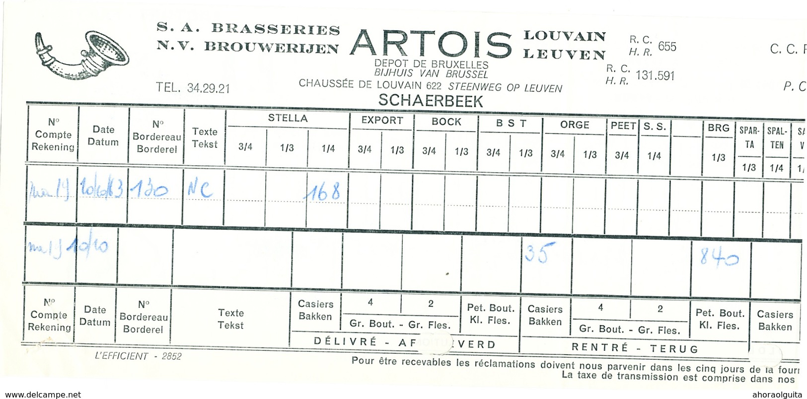 BRASSERIE -  Facture 1965 + 3 Documents Brasserie Artois à LOUVAIN Et SCHAERBEEK  --  26/353 - Alimentaire