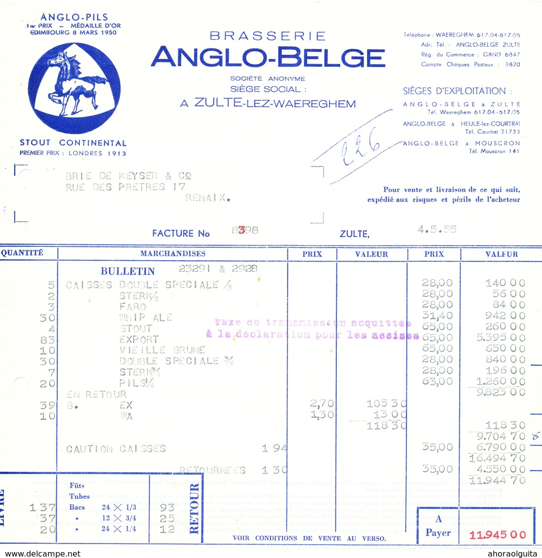 BRASSERIE - Facture + Bulletin Illustrés Cheval 1955 Brasserie Anglo-Belge à ZULTE WAEREGHEM --  26/354 - Lebensmittel