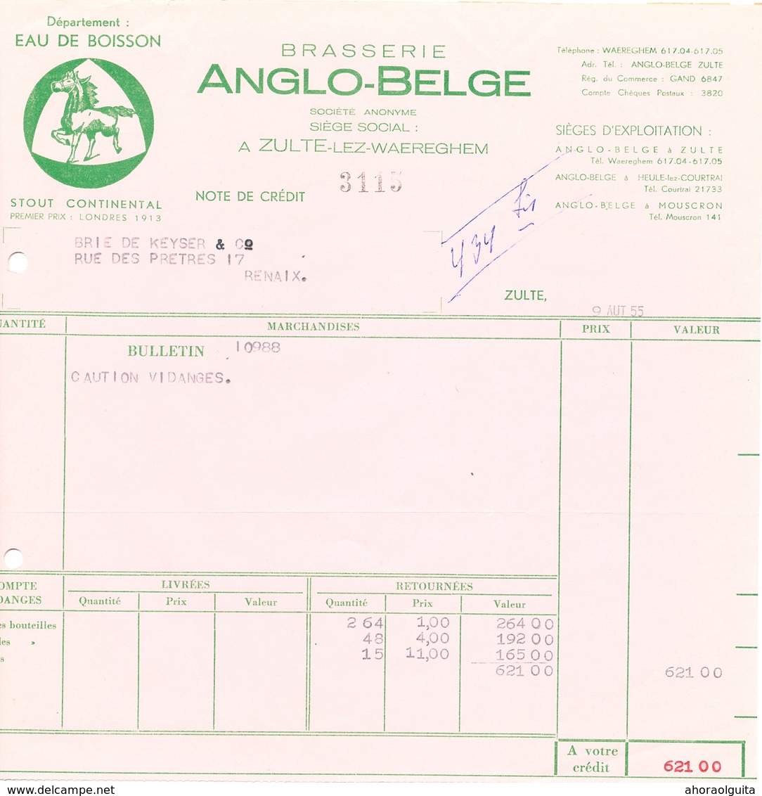 BRASSERIE - Facture + Bulletin Illustrés Cheval 1955 Brasserie Anglo-Belge à ZULTE WAEREGHEM --  26/354 - Alimentaire