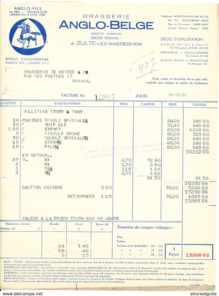 BRASSERIE -  2 Factures Illustrées Cheval 1954 Brasserie Anglo-Belge à ZULTE WAEREGHEM --  26/355 - Alimentos