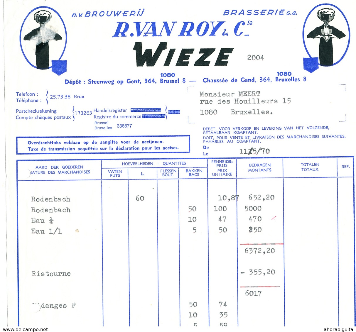 BRASSERIE - Facture Illustrée 1970 Brasserie Van Roy WIEZE à Bruxelles --  26/356 - Alimentaire