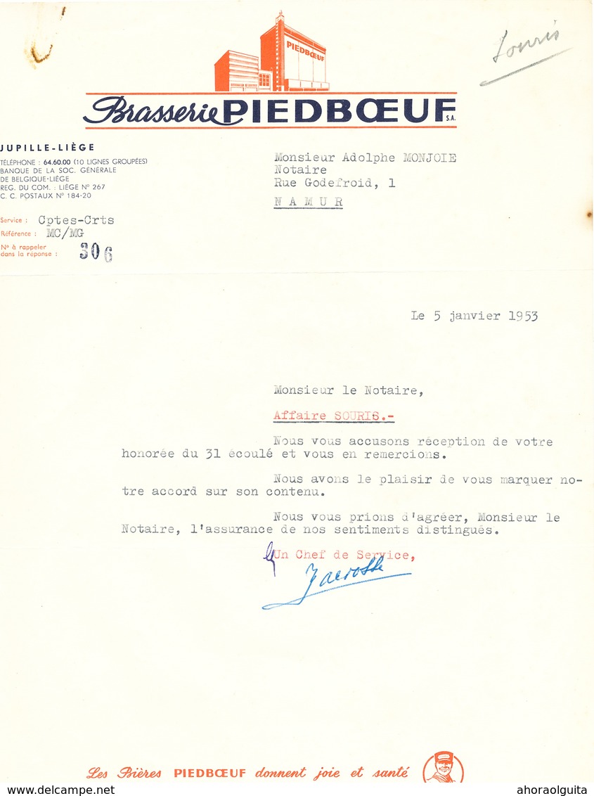 BRASSERIE - 2 Lettres Illustrées 1939 Et 1953 Brasserie Piedboeuf à JUPILLE  --  26/359 - Food