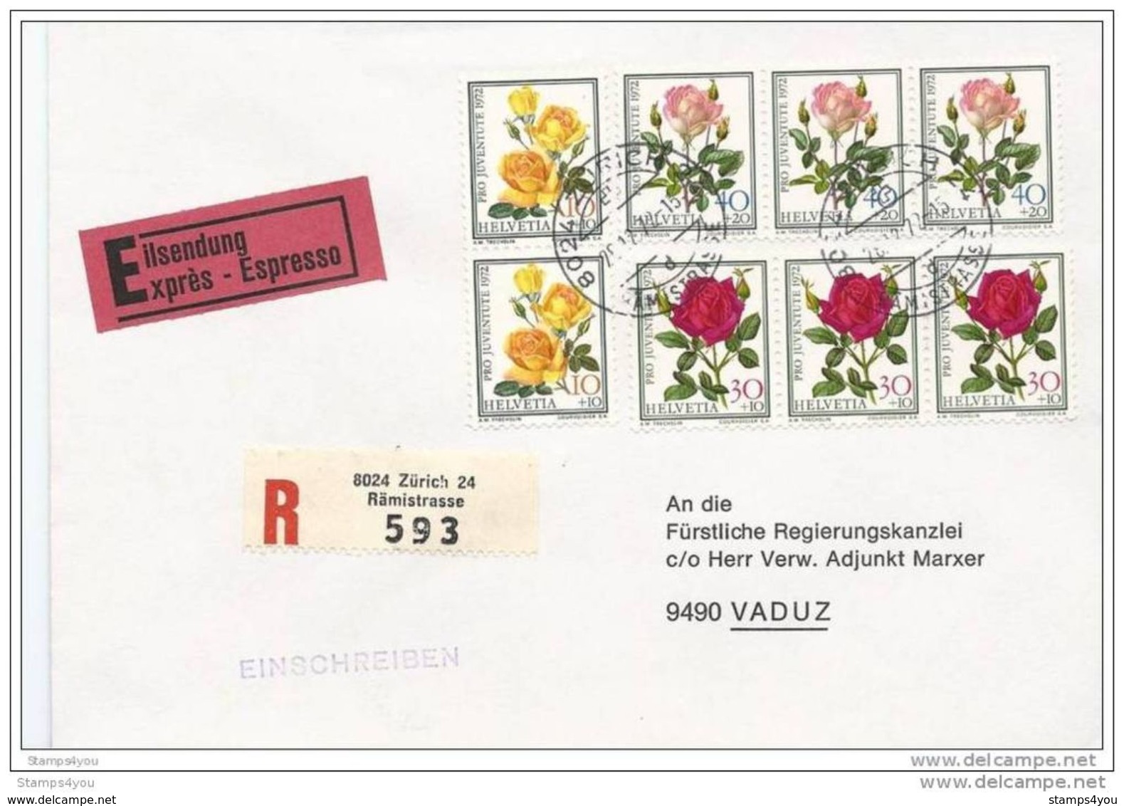 100 - 77 - Enveloppe Suisse Exprès Recommandée  1972 - Superbe Affranchissement Timbres Roses - Roses