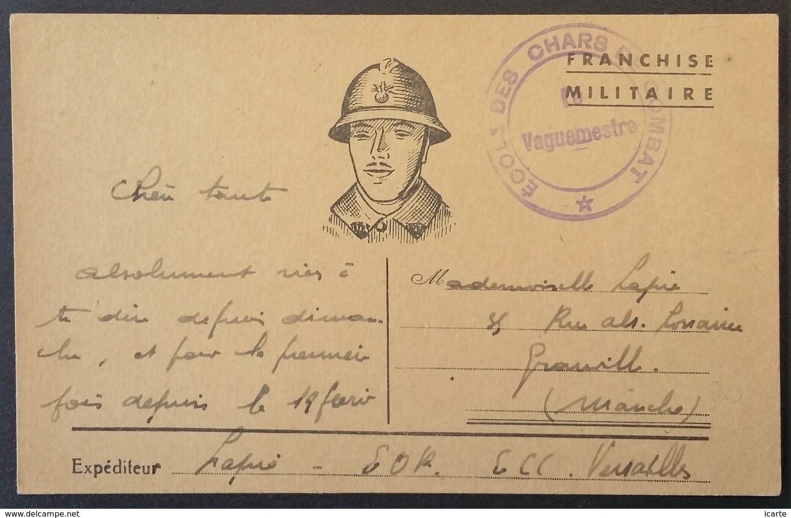 Carte De Franchise Militaire Cachet ECOLE DES CHARS DE COMBAT De Versailles E.O.RK Vers Granville Juin 1940 - Guerre De 1939-45